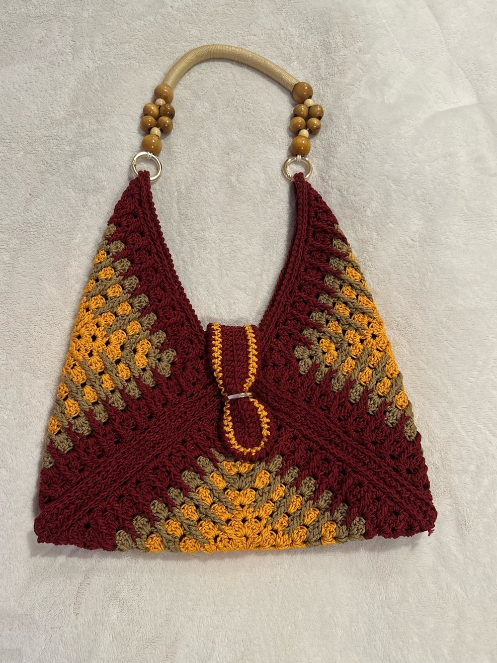 Handmade Crocheted Shoulder Bag in Maroon, Mustard and Olive